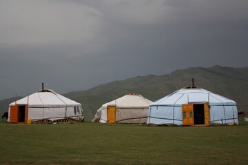 Nomadic tents in the middle of nowhere of the Orkhon valley, Arkhangai region, Mongolia. The nomadic families have lived out their nomadic lives for such a long time around the valleys.
