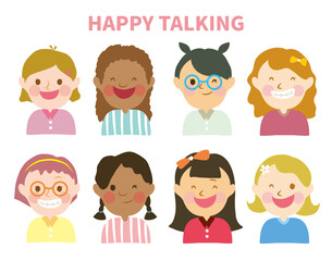 Set of 8 happy kids avatar. Collection of 8 school little girls happy face portrait. Happy talking with friend. Happy school student, Sets of half body happy children's portrait vector.