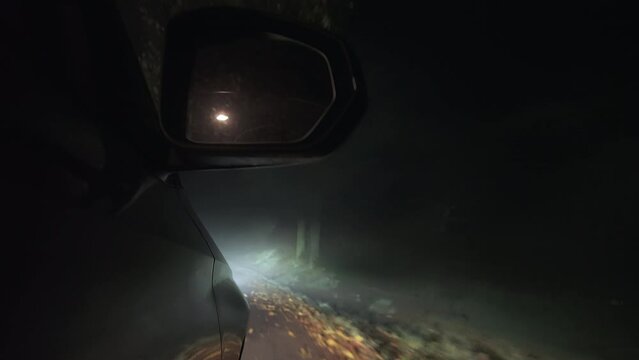 Car driving at night, side low front view of mirror and countryside road lost in fog