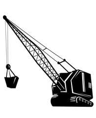 Illustration of a mining crane or mining hoist with boom viewed from low angle side on isolated background done in black and white retro woodcut style.
