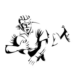 Illustration of a rugby player diving to score a try on isolated background done retro style