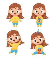 Cute girl collection. Happy child, birthday boy with gift, sits and stands. Vector illustration in cartoon style. Isolated characters for card, design, decor, print and kids collection