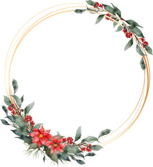 Fototapeta premium Christmas Leaf Flowers Watercolor Geometric Gold Frame