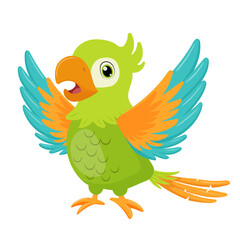 Green parrot bird standing and wave wing. Flat cartoon character isolated on white.