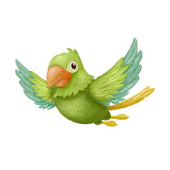 Green parrot bird flying. Hand drawn cartoon character isolated on white. © Elena