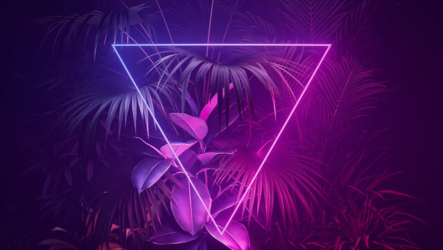 Blue and Pink Neon Light with Tropical Leaves. Triangle shaped Fluorescent Frame in Jungle Environment.