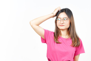 scratching head and looking confused Of Beautiful Asian Woman Isolated On White Background