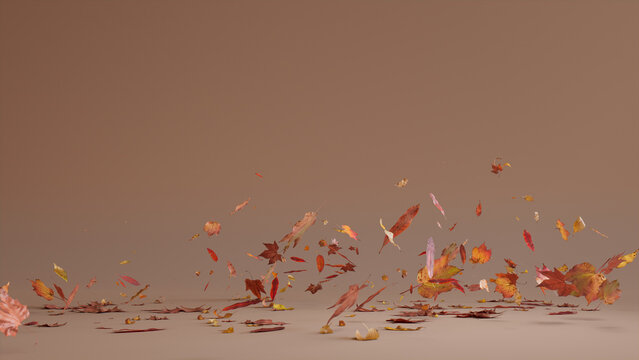 Dusty Pink Holiday Wallpaper With Falling Autumn Leaves. Natural Banner With Copy-space.