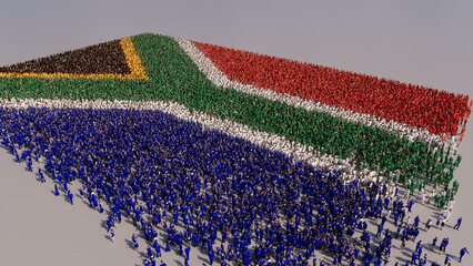 A Crowd of People gathering to form the Flag of South Africa. South African Banner on White.