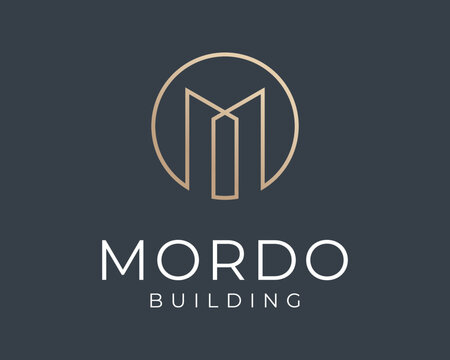 Skyline Architecture Building Skyscraper Gold Luxury Elegant Line with Letter M Vector Logo Design