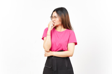 Afraid , nervous and bite nails Of Beautiful Asian Woman Isolated On White Background