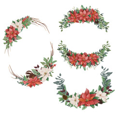 Watercolor Christmas floral frame set or winter floral wreath set consisting of flowers, leaves, branches and bird. Frame vignette with a bouquet of flowers. Border, background.
