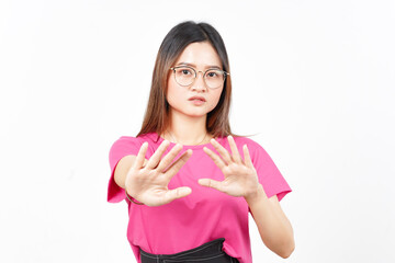 STOP or Rejection Gesture Of Beautiful Asian Woman Isolated On White Background