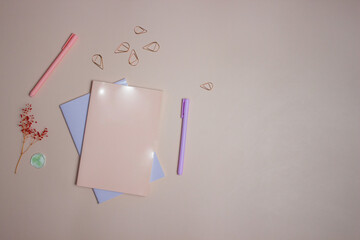 Colorful notebooks and pens over the pink background. 