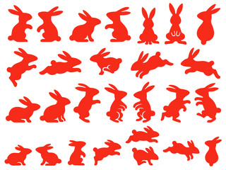赤いウサギのシルエットイラストセット