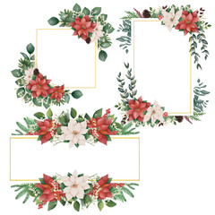 Watercolor christmas border set, new year green spruce tree branches, leaf and Poinsettia Flowers. Frame set vignette with a bouquet of flowers. Border, background. Perfect for invitation cards, print