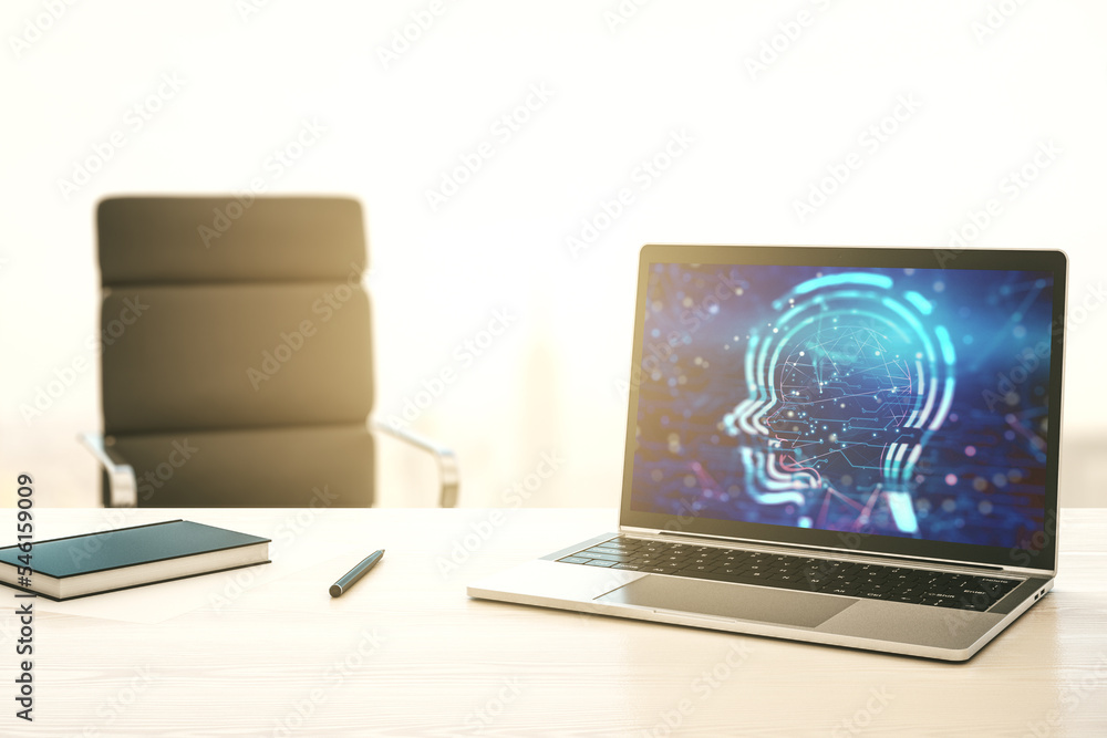 Aufkleber Creative artificial Intelligence concept with human head sketch on modern computer monitor. 3D Rendering