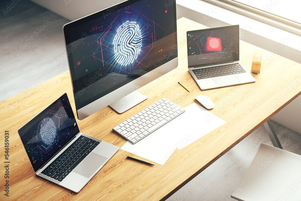 Fototapete modern computer monitor with abstract creative fingerprint hologram, research and development concep