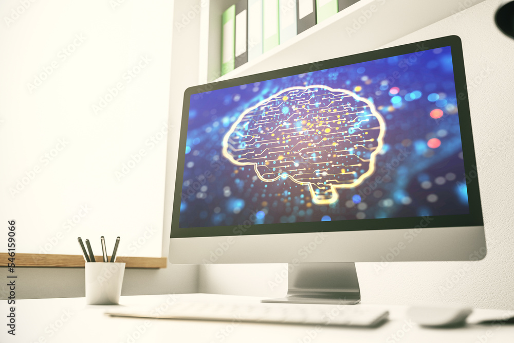 Poster modern computer display with creative human brain microcircuit. future technology and ai concept. 3d