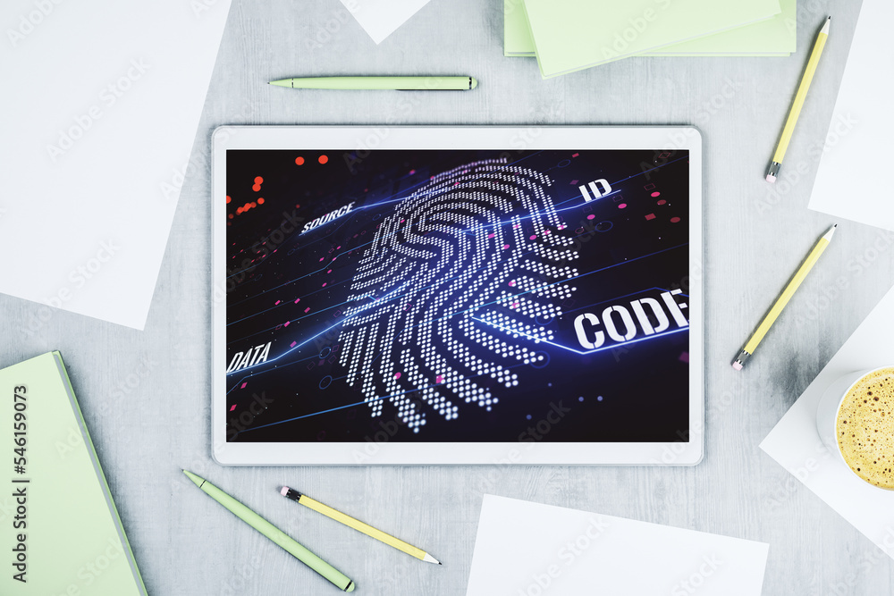 Fototapete Top view of modern digital tablet display with abstract creative fingerprint illustration, personal biometric data concept. 3D Rendering