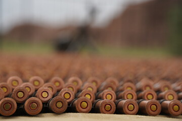 Almaty, Kazakhstan - 04.14.2022 : Ammunition is collected in rows for military exercises.