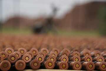Almaty, Kazakhstan - 04.14.2022 : Ammunition is collected in rows for military exercises.