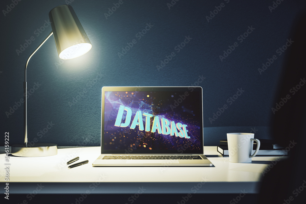 Fototapete Modern computer monitor with creative Database word hologram, research and development concept. 3D Rendering