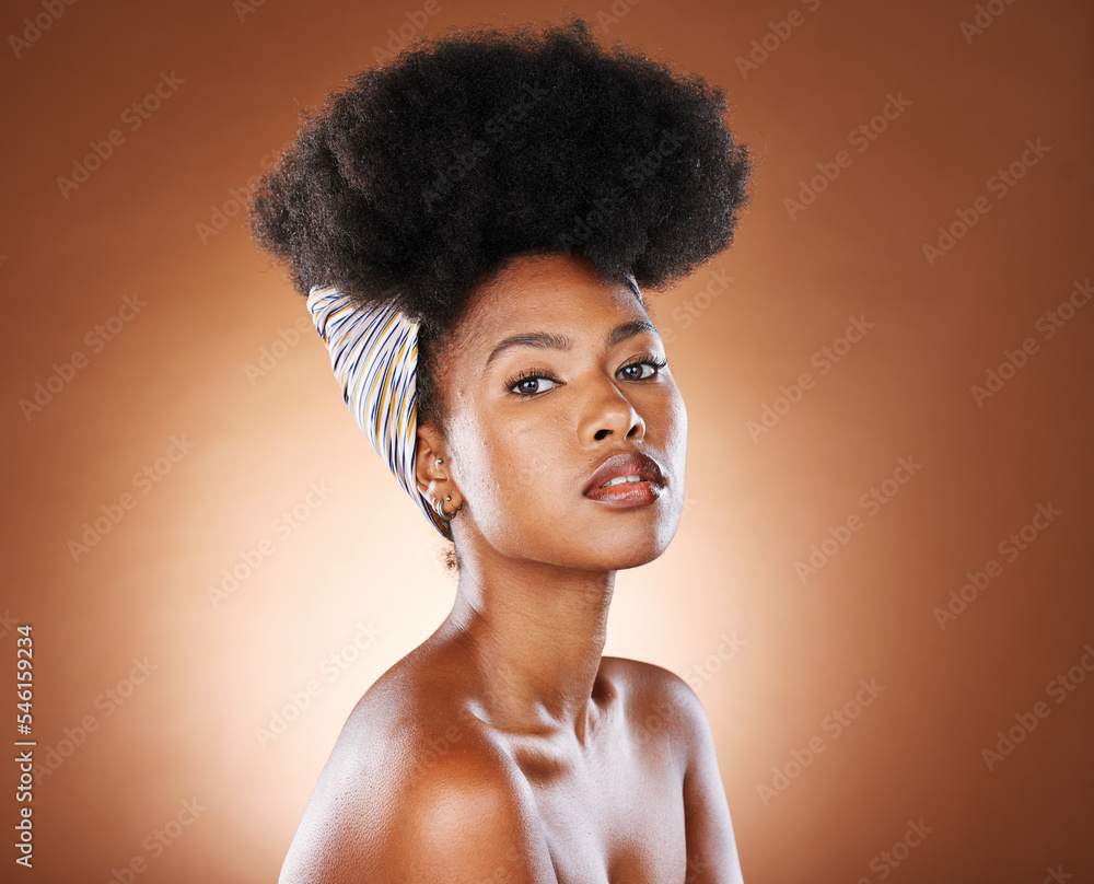 Poster Black woman afro, hair and fashion in beauty skincare, cosmetics or makeup against a studio background. Portrait of proud and confident African American female model with curly hairstyle treatment