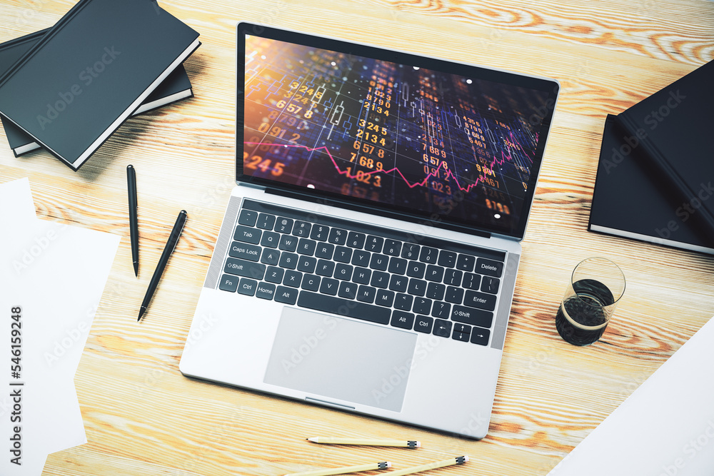 Poster stats data illustration on modern laptop monitor, computing and analytics concept. 3d rendering