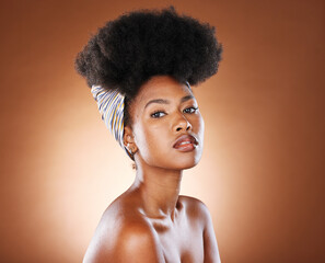 Black woman afro, hair and fashion in beauty skincare, cosmetics or makeup against a studio...