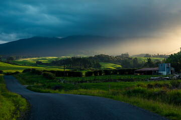 Fototapeta na wymiar dark moody sunset farm land