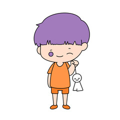 Boy posing for a photo with rainy doll color illustration.