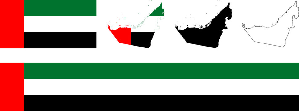 UAE United Arab Emirates national flag map icon, country black silhouette outline logo set for wide long ribbon banner background
