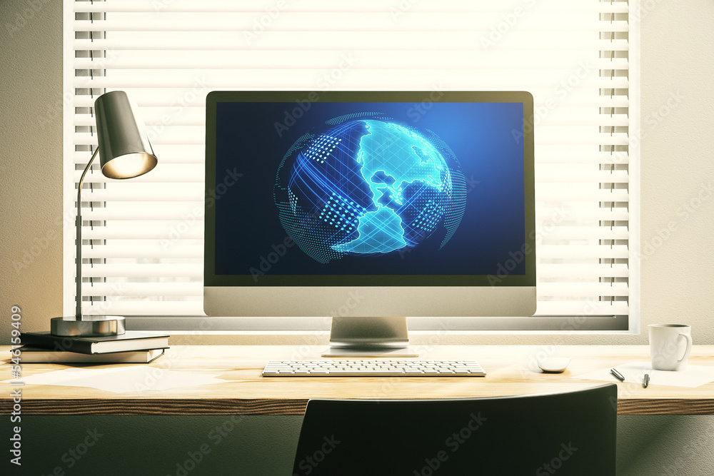 Poster modern computer monitor with america map, research and strategy concept. 3d rendering