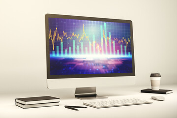 Fototapeta premium Modern computer monitor with abstract creative financial chart, research and strategy concept. 3D Rendering