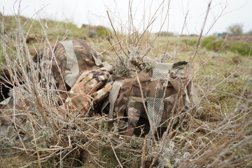 Almaty, Kazakhstan - 04.14.2022 : Sniper's shelter at the training ground. Military exercises.