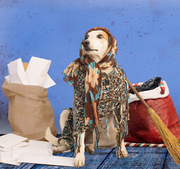 Obraz premium Dog dressed as Befana next to cards and treats