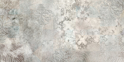 Grunge concrete wall with ornaments and prints. Digital tiles design. - 546159821