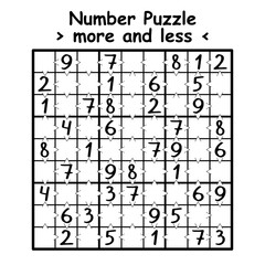 Number puzzle with more and less math symbols vector illustration. Sudoku game nine by nine black and white. Simple number puzzle for beginners printable page