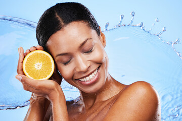 Beauty skincare and water splash with woman and lemon for vitamin c, shower and self care. Smile, luxury and product with face of girl model and citrus fruit for nutrition, collagen and hydration