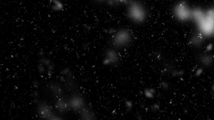 Different realistic falling snow or snowflakes. Falling snow isolated on black background. Winter snowfall illustration. Bokeh lights on black background, flying snowflakes in the air. Snow at night.