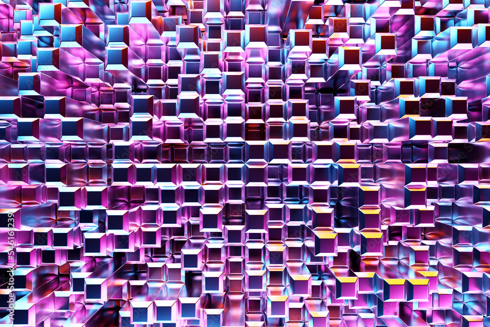 Poster 3d rendering. purple pattern of cubes of different shapes. minimalistic pattern of simple shapes, si