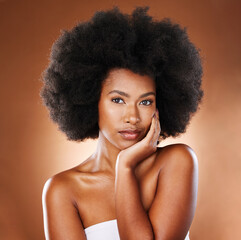 African, natural hair and black woman in studio portrait with skincare glow, youth wellness and cosmetics shine for beauty marketing mockup. Young afro model face or facial, dermatology and skin care