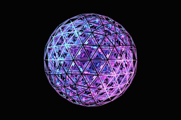 3D illustration of a   pink  lighting    ball  with many faces, crystals scatter on a black background.  Cyber ball sphere