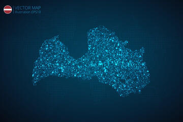 Map of Latvia modern design with abstract digital technology mesh polygonal shapes on dark blue background. Vector Illustration Eps 10.