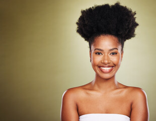 Black woman afro, beauty smile and skincare for makeup cosmetics against a studio background. Portrait of African American female smiling in satisfaction or profile for cosmetic care or spa treatment