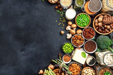 Vegan protein. Full set of plant based vegetarian food sources. Healthy eating, diet ingredients: legumes, beans, lentils, nuts, soy and almond milk, tofu, mushrooms, quinoa, chia, vegetables, spinach