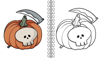 Psycho Pomp Pumpkin. Coloring book, outline and doodle cute pumpkin characters. Halloween, trick or treat coloring book page activity for kids and adults. Hand drawn vector illustration.