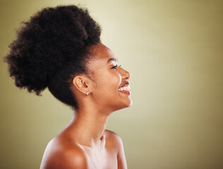 Black woman, hair and afro in studio with smile, beauty and wellness with skin glow, shine or hair...
