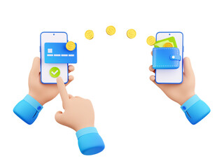 3d render money transfer, mobile banking online payment concept with hands holding smartphones sending dollar coins. International transaction, electronic wallet, Illustration in cartoon plastic style - obrazy, fototapety, plakaty